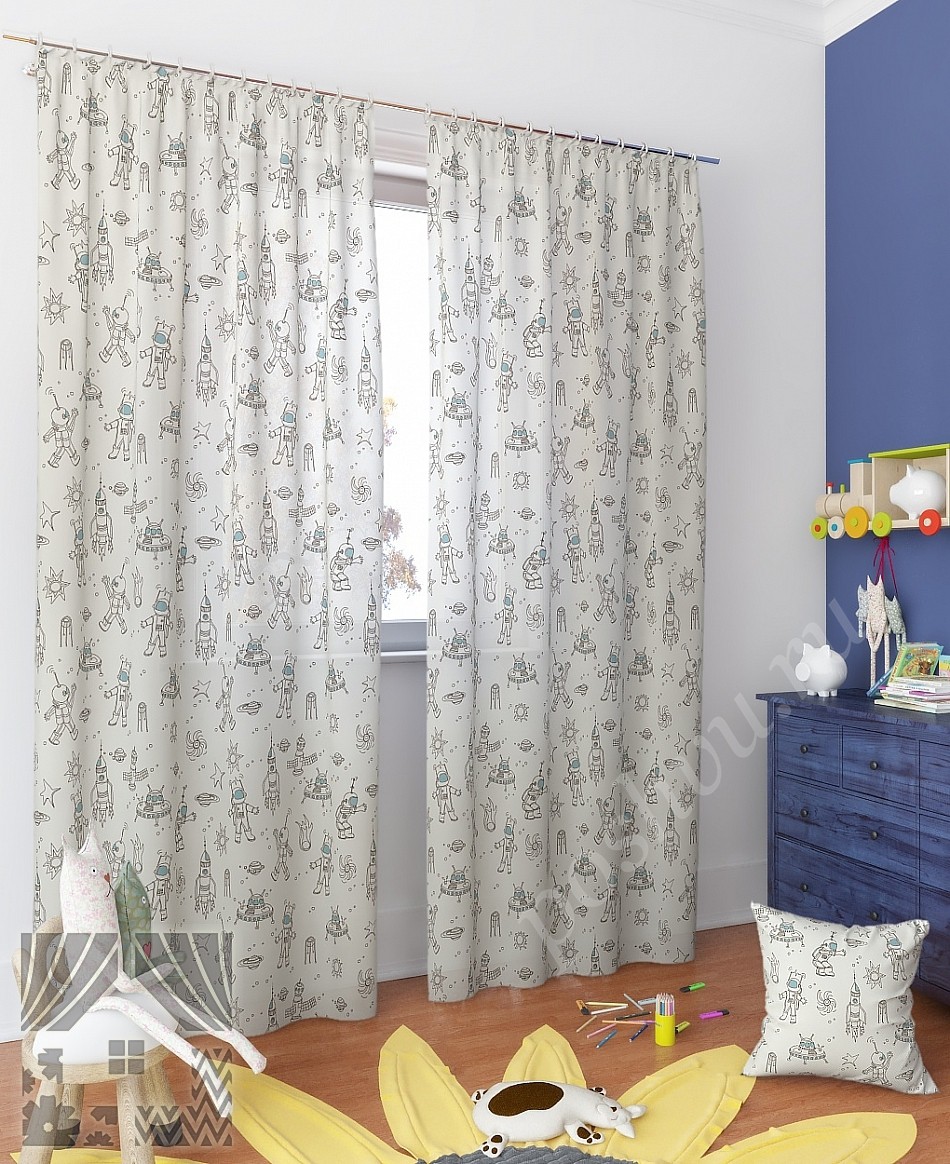 Оригинальный комплект штор белого цвета  для детской комнаты с принтом на космическую тематику