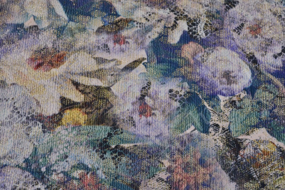 Ткань жаккард бирюзово-сиреневого цвета с рисунком цветы