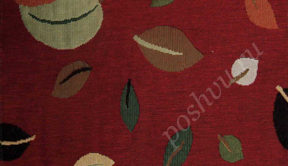 Мебельная ткань гобелен ARBOLEDA LEAF разноцветные листья на бордовом фоне шир.280см