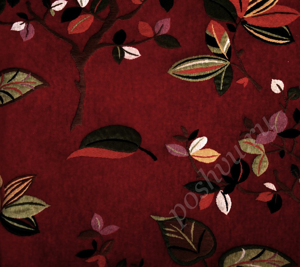Мебельная ткань гобелен ARBOLEDA TREE деревья с коричнево-оранжевыми листьями на бордовом фоне шир.280см