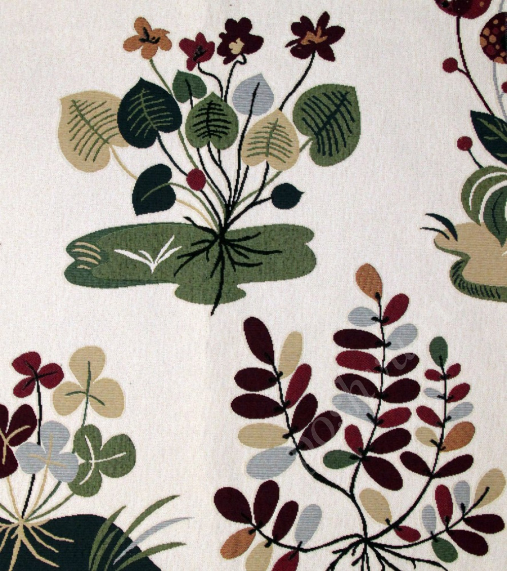 Мебельная ткань гобелен NENUFAR PLANT растения на светло-бежевом фоне шир.140см