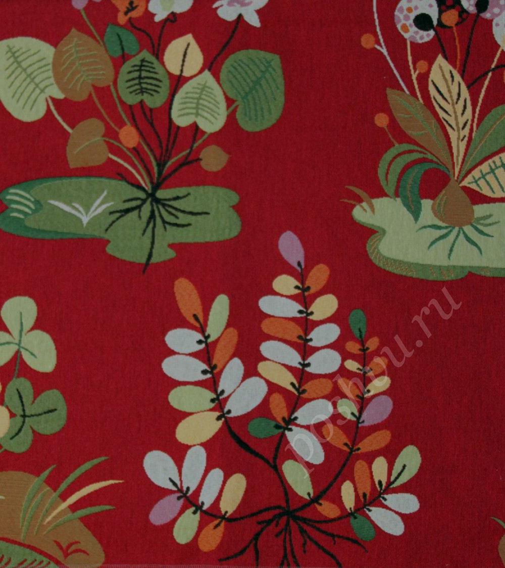 Мебельная ткань гобелен NENUFAR PLANT растения на темно-красном фоне шир.140см