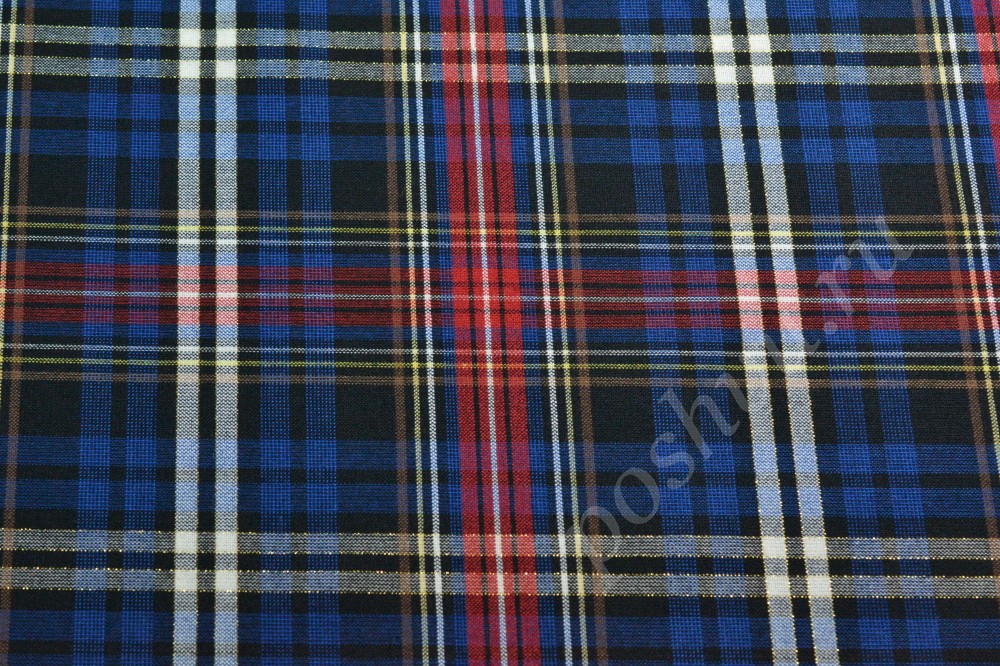 Шотландка хлопчатобумажная с добавлением вискозы синего, черного, белого и бордового цвета