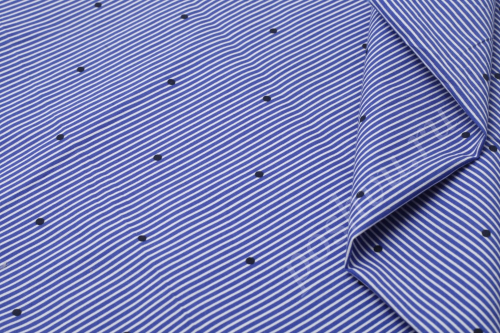 Хлопковая набивная ткань белого цвета в синюю полоску и горох