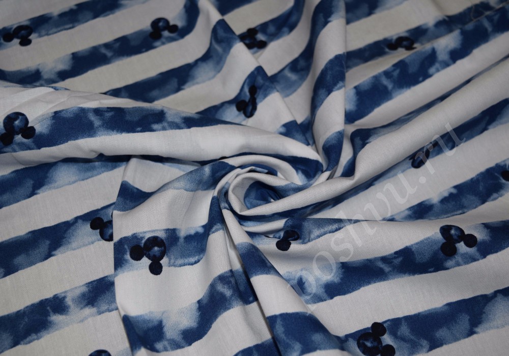 Хлопковая набивная ткань с полосками бело-синяя