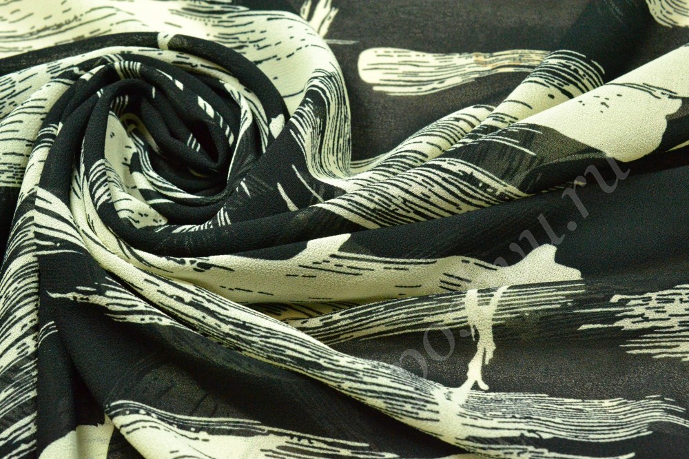 Ткань набивной шифон черного цвета с белым узором