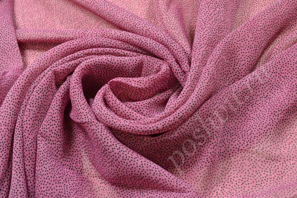 Ткань шифон набивной розового цвета в мелкий черный горошек