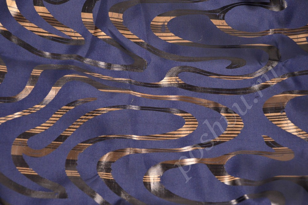 Ткань атлас-тафта набивная синего оттенка с узором