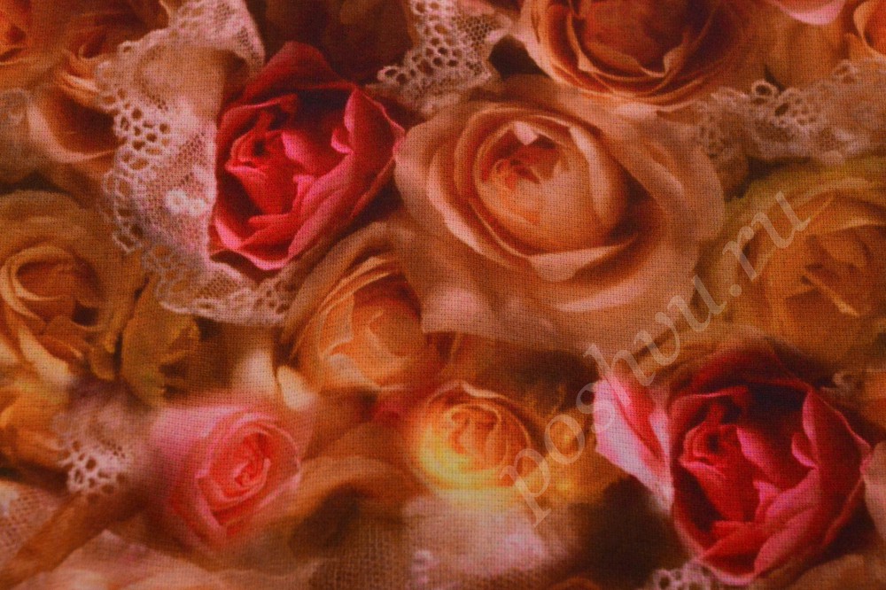 Терракотовая трикотажная ткань с принтом из красивых роз