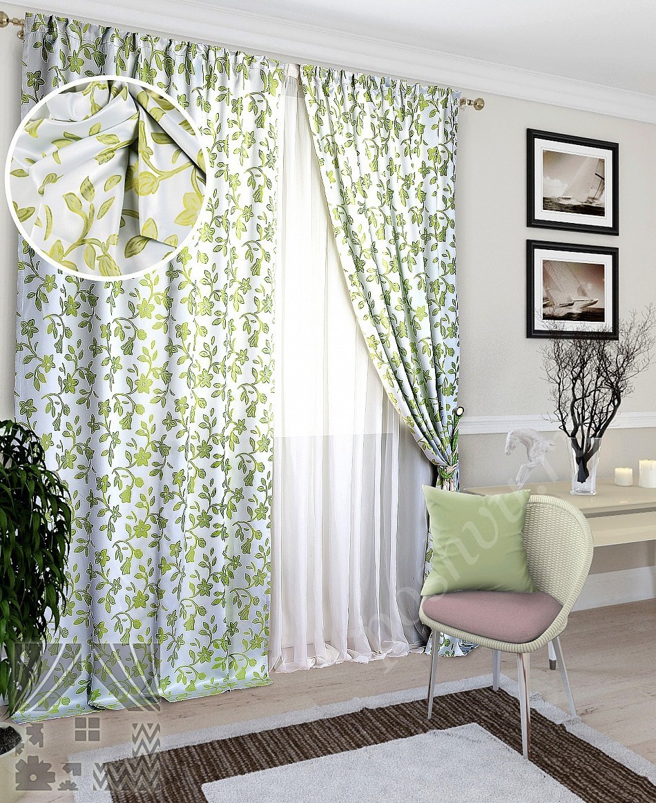 Элегантный комплект готовы штор в зеленых тонах с флористическим принтом для гостиной или спальни