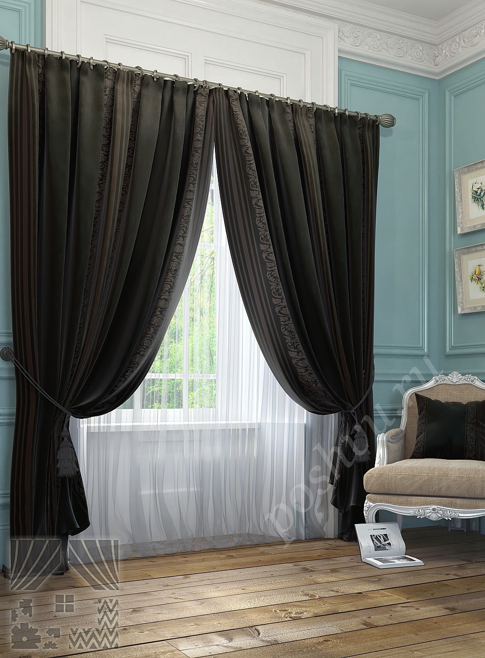 Комплект готовых штор в черно-серых тонах с классическим узором для гостиной или спальни