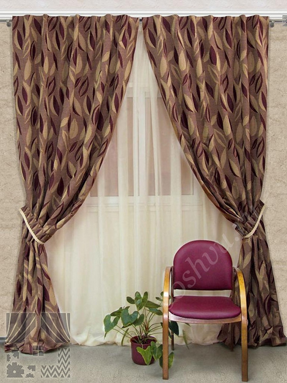 Нарядный комплект готовых штор в коричневых тонах с флористическим принтом и тюлем для гостиной