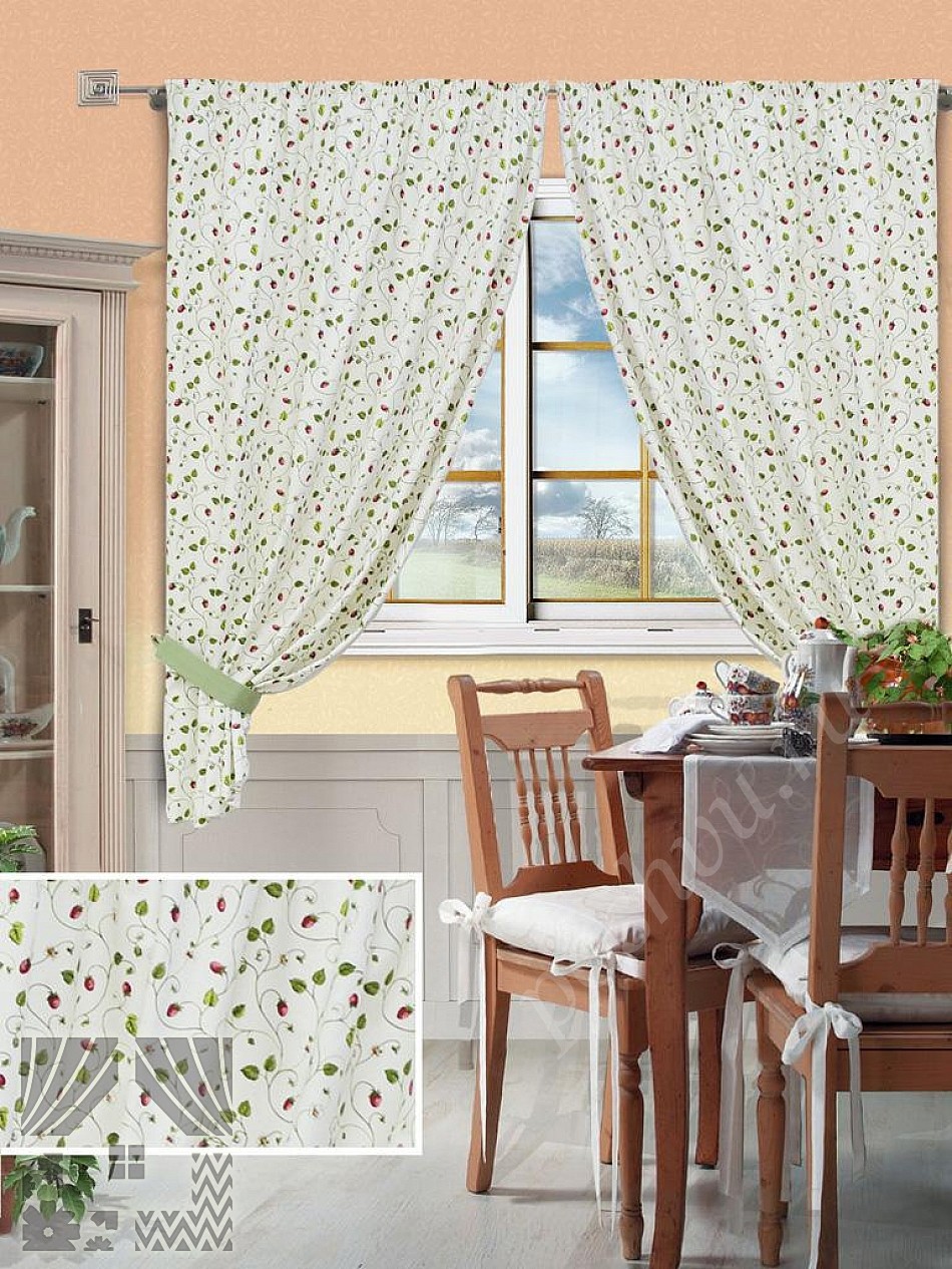 Нежный комплект готовых штор белого цвета с флористическим узором для кухни