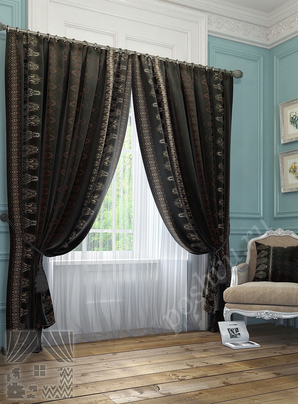 Роскошный комплект готовых штор в чёрного цвета  со сложным узором для гостиной или спальни