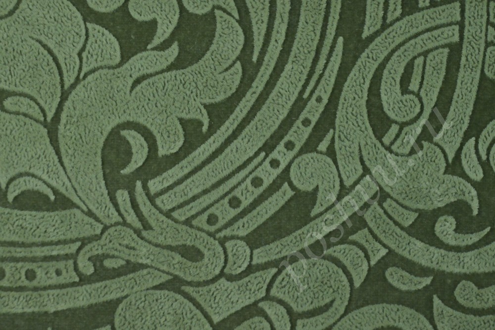 Ткань для мебели флок на флоке зелёного цвета с флористическим узором