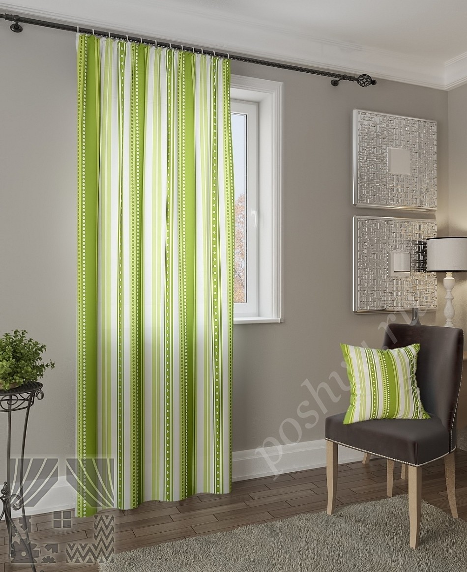 Стильные портьеры в вертикальную полоску зеленого цвета для гостиной или спальни