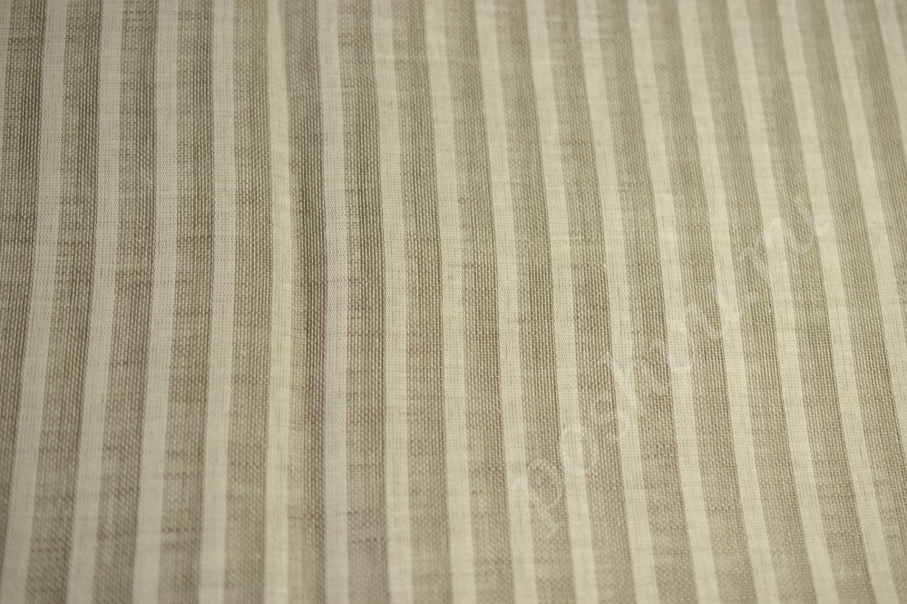 Ткань лен натуральный белого оттенка в мелкую бежевую полосу