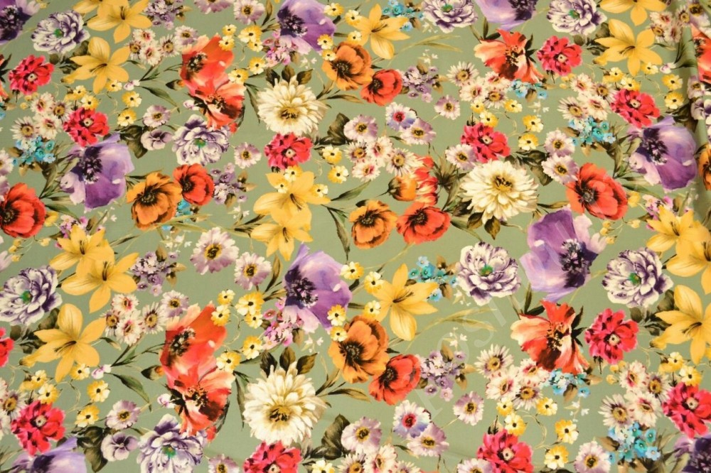 Ткань шелк атласный оливкового цвета в яркий цветочный принт