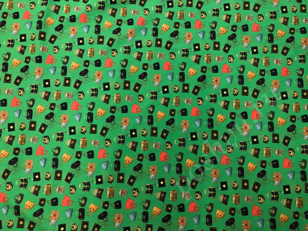 Ткань хлопок сатин стрейдж зеленого цвета в мелкий рисунок