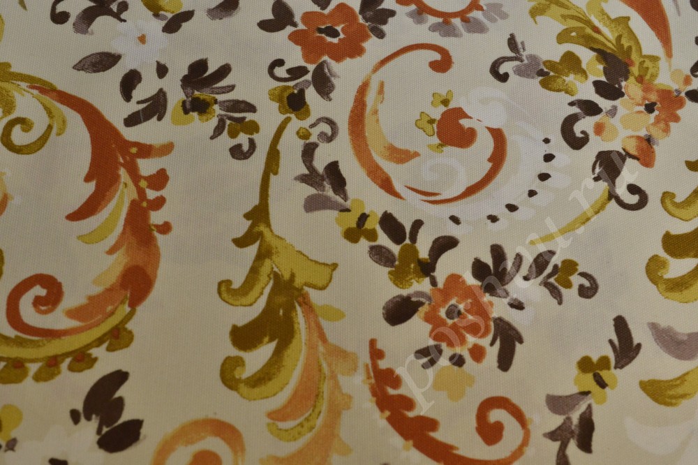 Ткань для штор портьерная белого оттенка в абстрактные листья