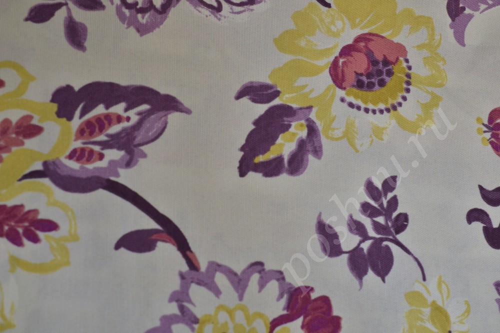 Ткань для штор портьерная белого оттенка в желтые цветы