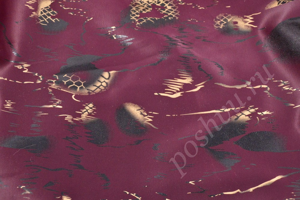 Ткань атлас набивной пурпурного цвета с абстрактным узором
