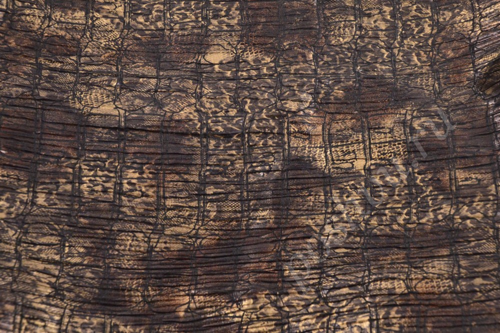 Ткань атлас набивной с необычным узором коричнево-золотистого оттенка
