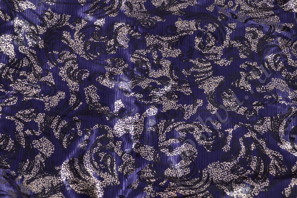 Ткань атлас набивной синего цвета с узором