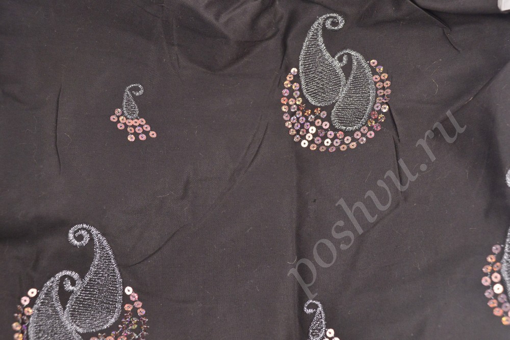 Ткань атлас-тафта темно-серого оттенка с узором и пайетками