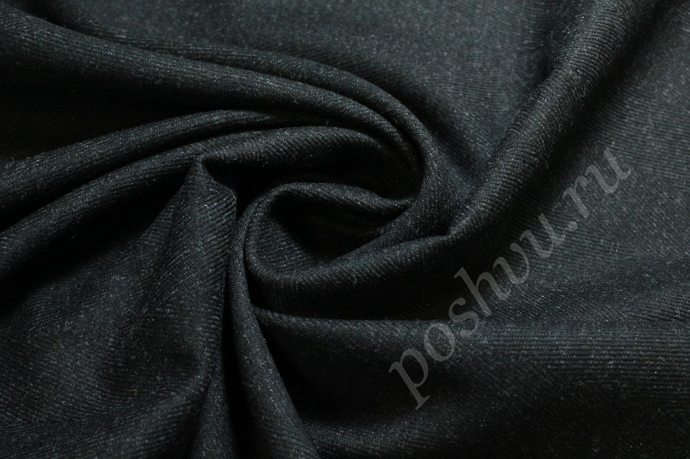 Шерстяная пальтовая ткань черного цвета с текстурным узором в виде елочки