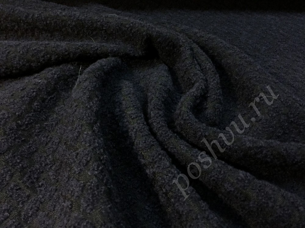 Ткань пальтовая жаккардовая черно-синяя