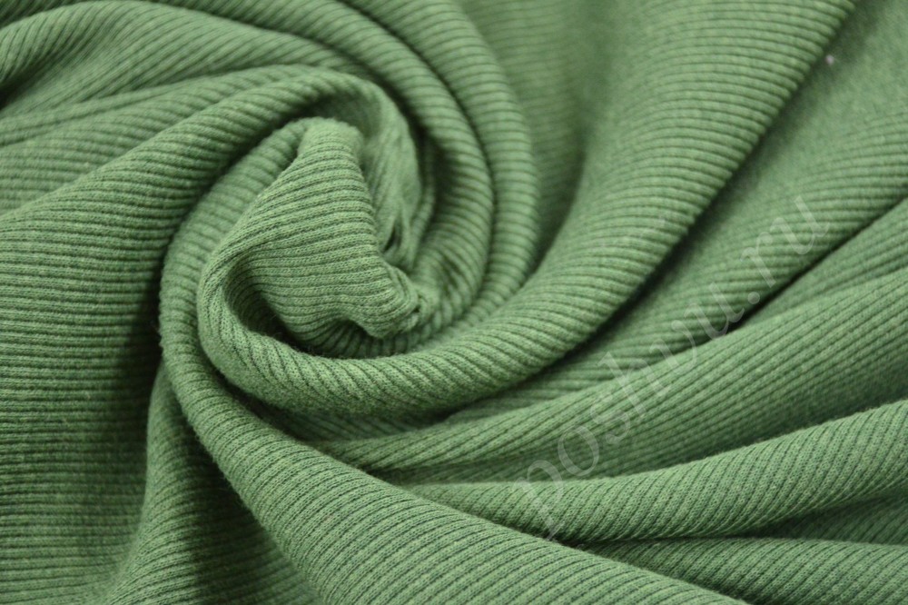 Однотонная ткань трикотаж резинка тёмно-зелёного цвета с эластаном