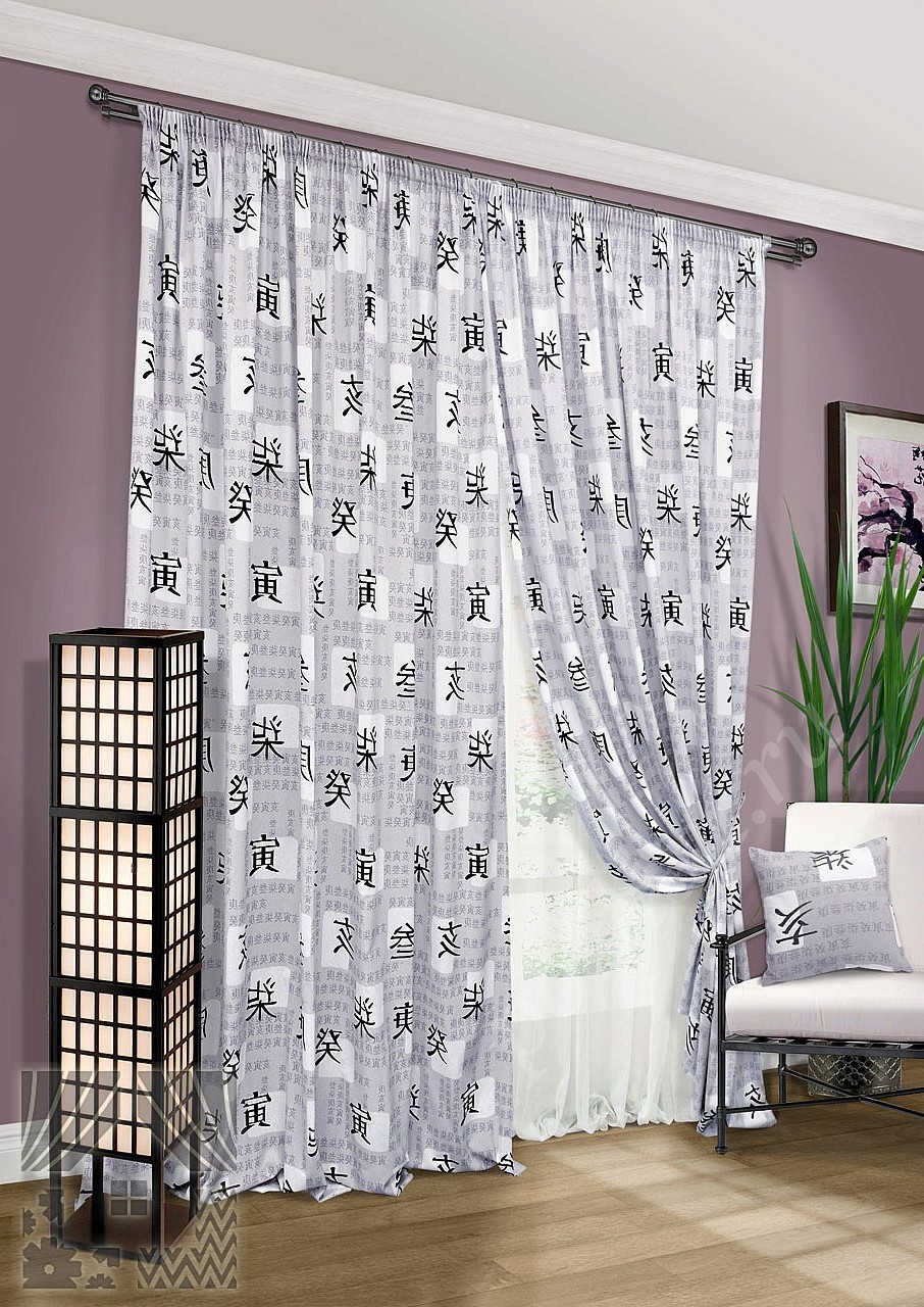 Комплект готовых штор серого цвета с восточным узором для гостиной или кабинета
