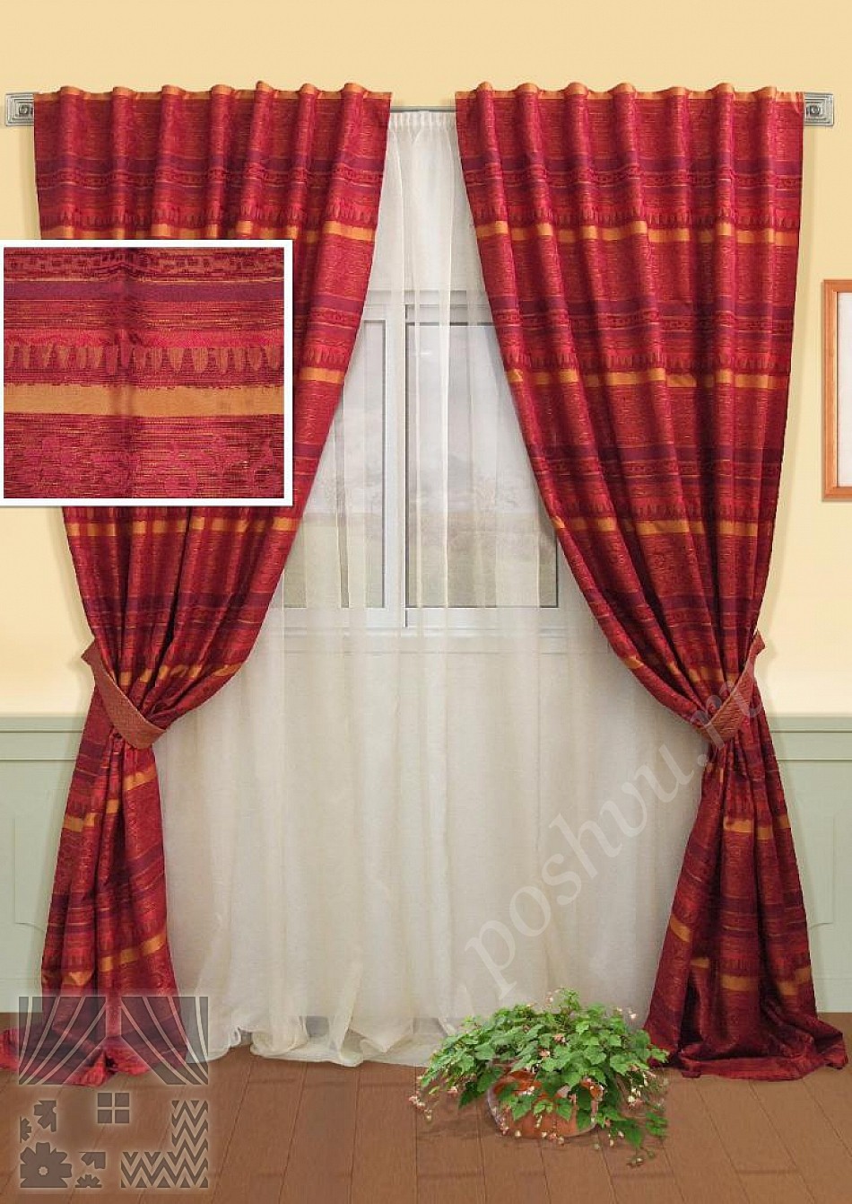 Изящный комплект готовых штор красного цвета и тюля для гостиной или спальни
