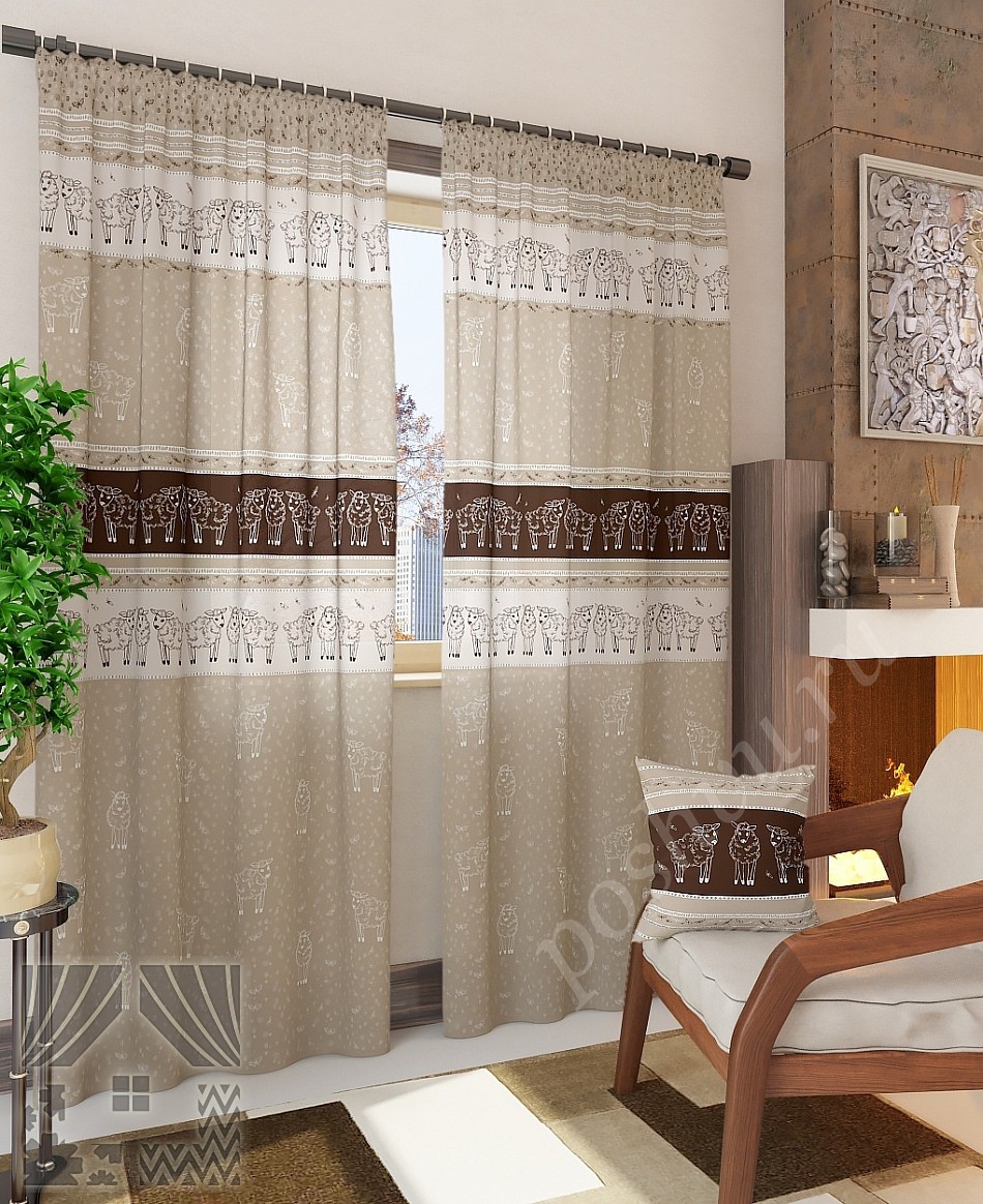 Комплект готовых штор бежевого цвета с коричневыми узором для гостиной