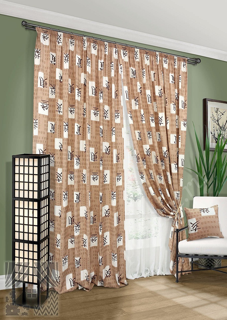 Комплект готовых штор коричневого цвета с тюлем для гостиной или кабинета