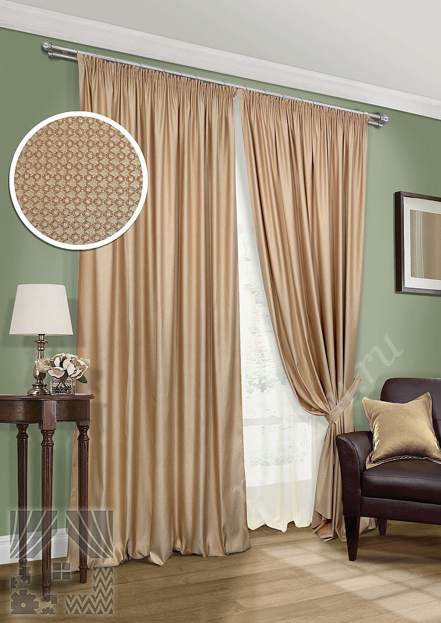 Комплект готовых штор светло-коричневого цвета с фактурным узором и тюлем для гостиной