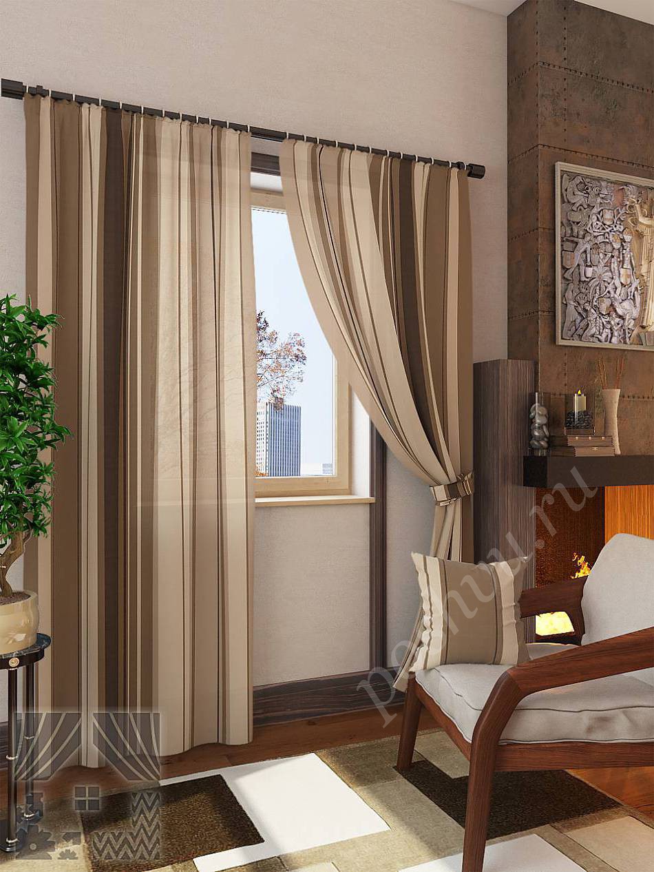 Лаконичный комплект готовых полосатых штор в коричневых тонах для гостиной