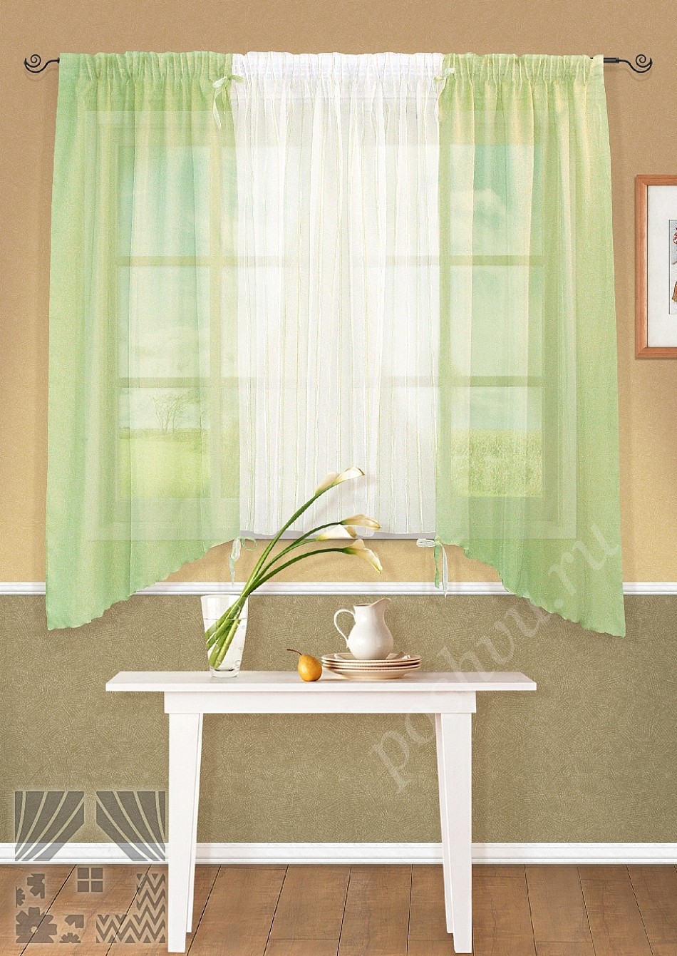 Легкий комплект готовых штор зеленого цвета с белой вставкой посередине для кухни