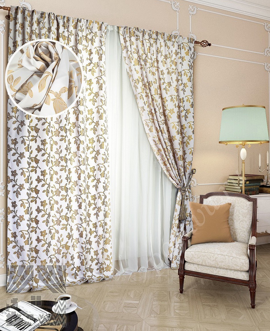 Роскошный комплект готовых штор белого цвета с золотым узором для гостиной или спальни