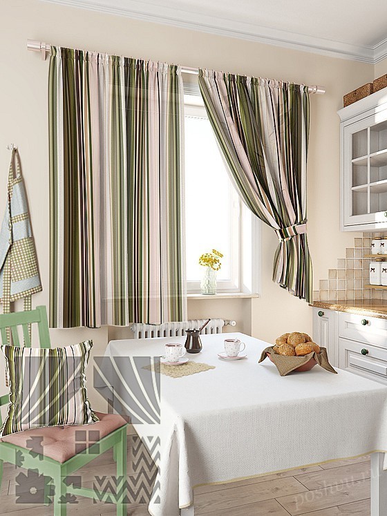 Стильный комплект готовых штор с вертикальными полосами для кухни