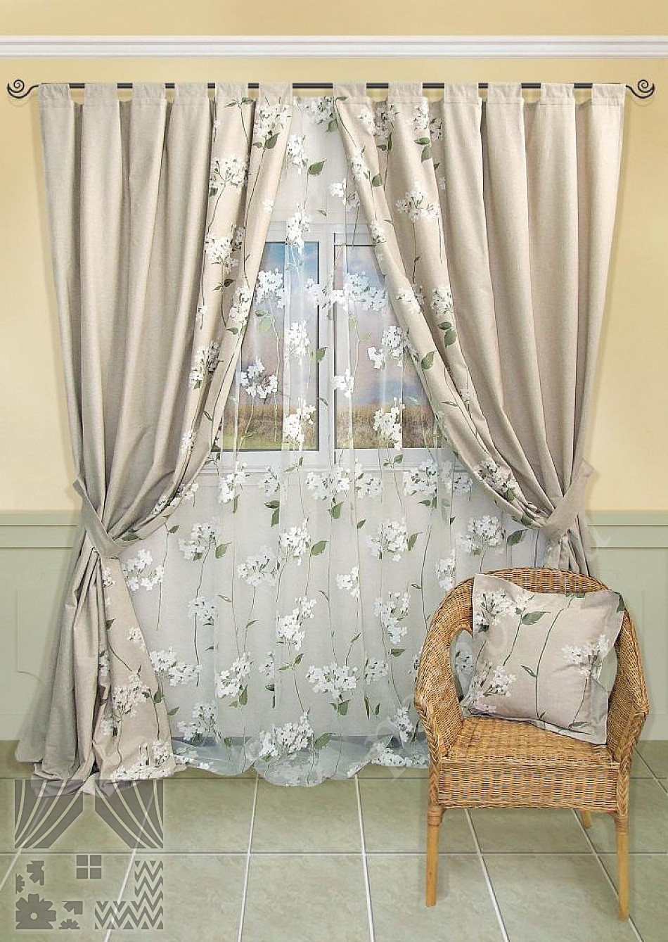 Великолепный комплект готовых штор и тюля с флористической отделкой для гостиной или спальни