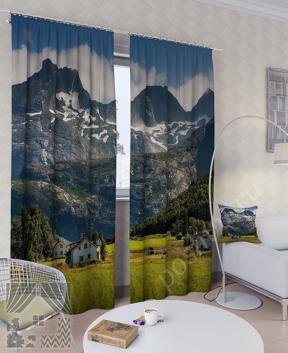 Комплект готовых фото штор с изображением горной долины для гостиной