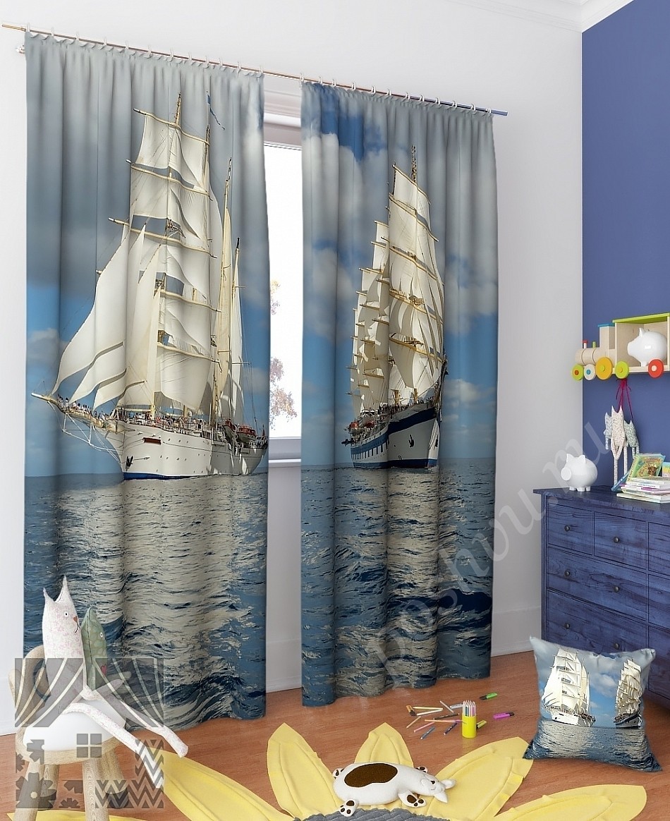 Комплект готовых фото штор с изображением морских парусников для гостиной