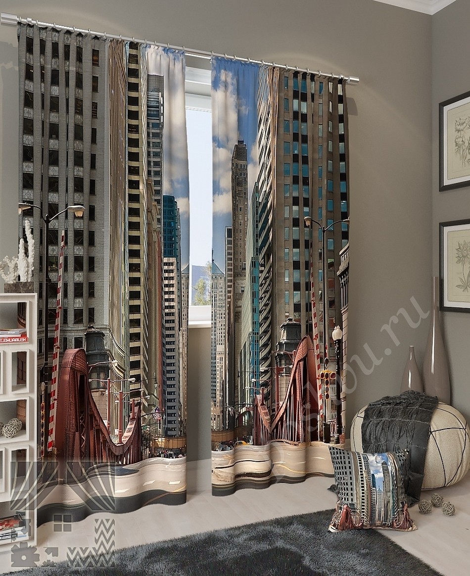 Комплект готовых фото штор с изображением моста в мегаполисе для гостиной или кабинета