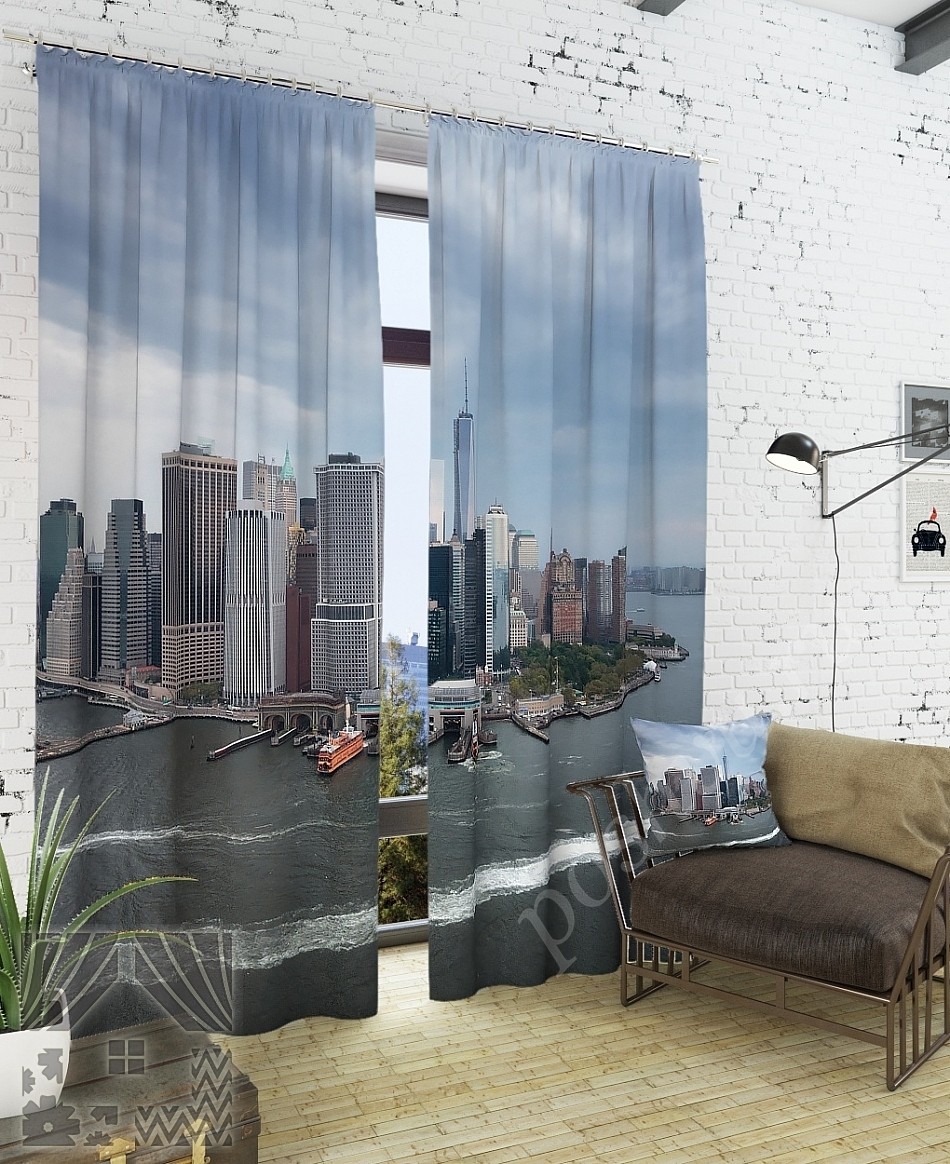 Комплект готовых фото штор с изображением небоскребов для гостиной