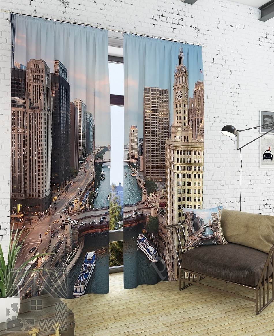 Комплект готовых фото штор с изображением реки в мегаполисе для гостиной или кабинета
