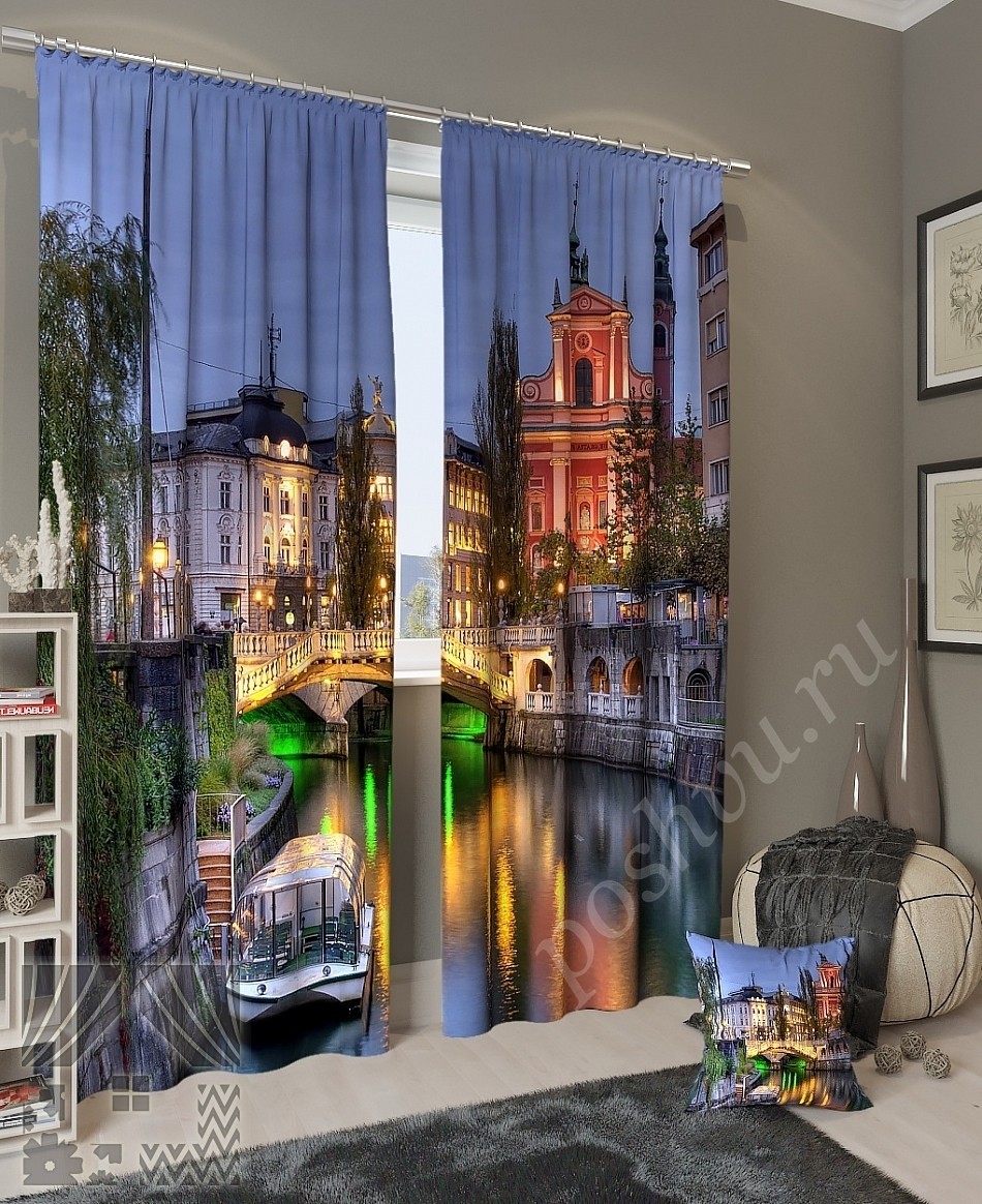 Комплект готовых фото штор с изображением вечернего города для спальни