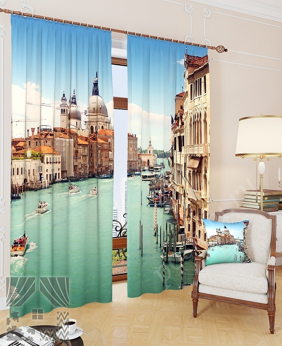 Комплект готовых фото штор с изображением венецианского канала для гостиной или спальни