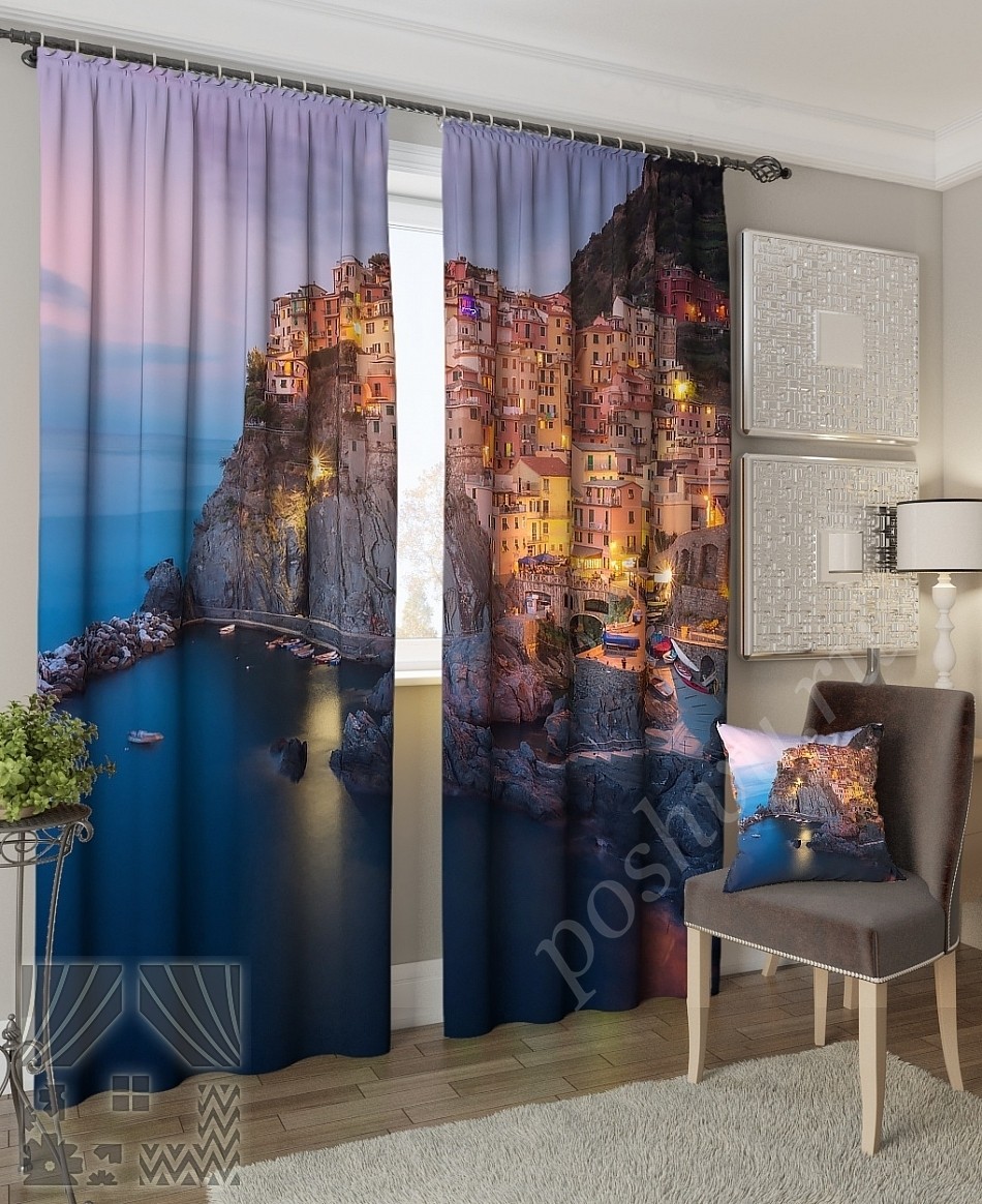 Шикарный комплект готовых фото штор с изображением города у моря для спальни